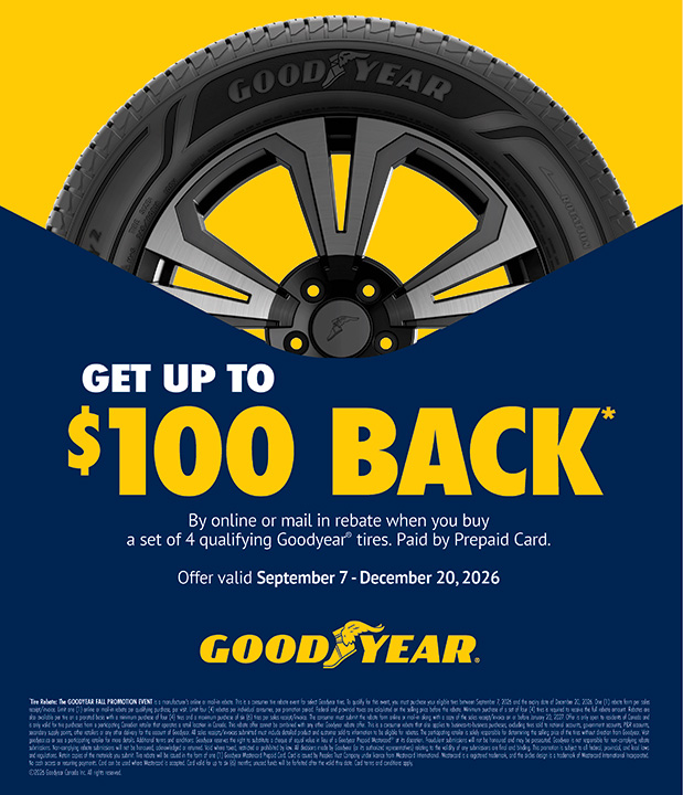 Goodyear: Get up to $100 back by prepaid card with the purchase of four qualifying tires, from September 7 to December 20, 2026. Online or mail-in rebate submission required.